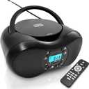 Portable CD Player with Bluetooth, FM Radio, USB Playback, Remote Control, Stereo Speakers, AUX Headphone Jack, AC or 6 C Battery Powered, Programmable Repeat, LCD Display, Retro Black