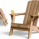 Folding Adirondack Chair with Wood Texture, HDPE All-Weather Fire Pit Chairs, Plastic Adirondack Chairs with 2 Cup Holder, Outdoor Lawn Chair for Patio Garden (Teak)