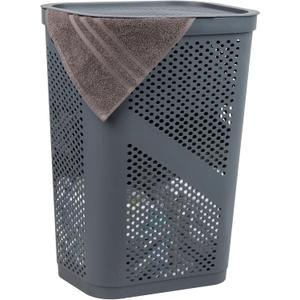 Mind Reader Slim Laundry Hamper with Lid, 60L Clothes Basket, Ventilated Plastic, Gray, Single
