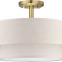 2-Tier 12" Adjustable LED 18W 3000K/4000K/5000K Semi Flush Mount Close to Ceiling Light Fixture Cream Fabric Shade Gold Finish for Bedroom,Living Room,Dining Room Hallway