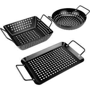 Qetumst Small Non-Stick 3 Piece Grill Basket Set BBQ Grilling Basket for Vegetables, Seafood & Meat Heavy Duty Perforated Grill Pan for Charcoal, Gas and Outdoor Grills, Easy to Clean Grilling Accessories