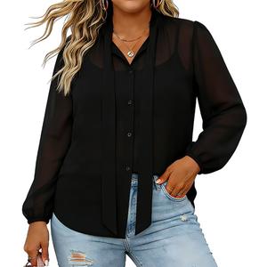 Womens Plus Button Down Shirts Chiffon Long Sleeve Tops for Women Bow Tie Neck Blouse Elegant Business Casual Outfits, XL