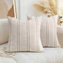AELS 20x20 Decorative Farmhouse Linen Throw Pillow Covers, Boho Textured Pillow Case, Set of 2, Beige with White & Brown Stitch Yarn Dyed Stripe Cushion Cover for Sofa Couch Living Room (Cover ONLY) (20" x 20" (Pack of 2))