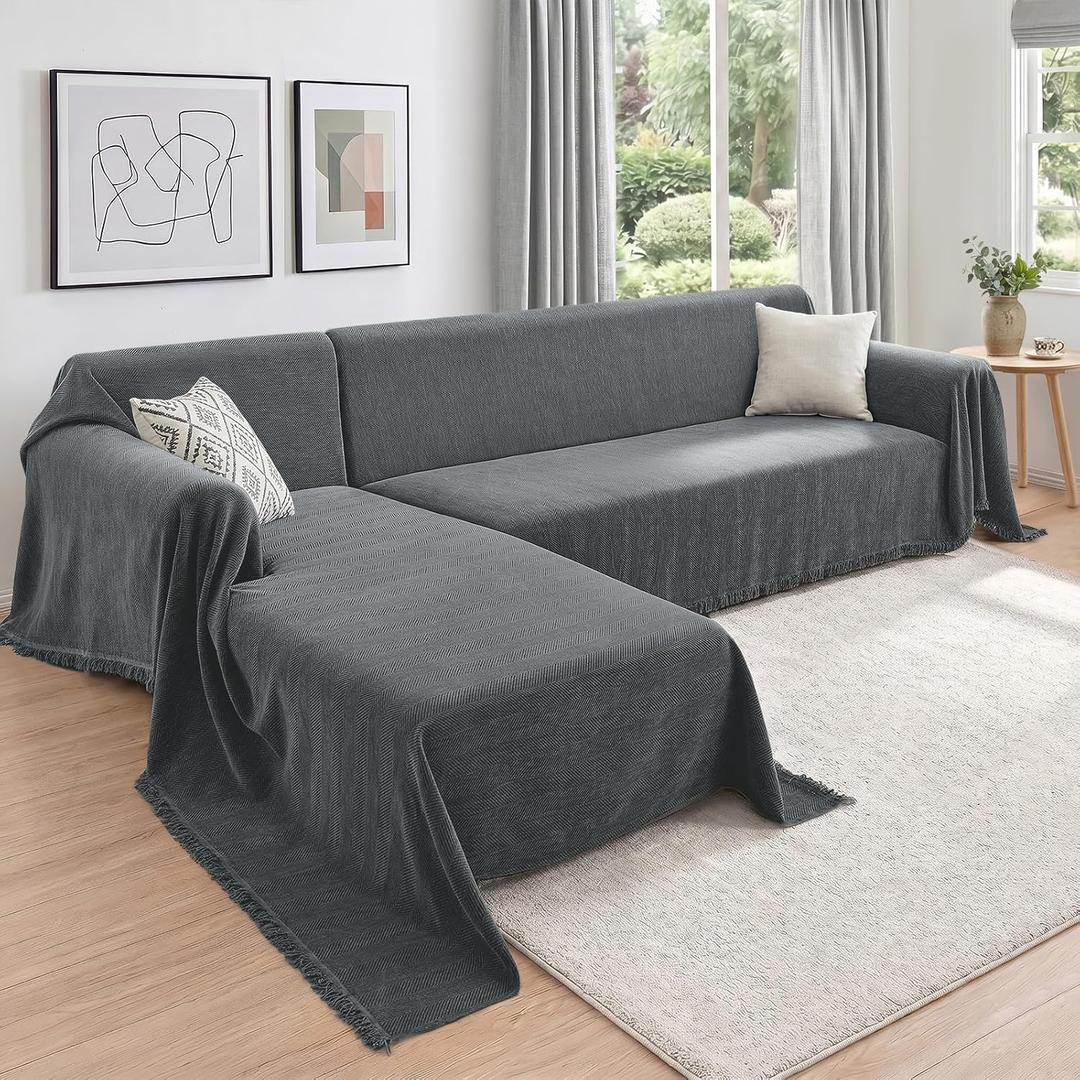 CAPALOCA Sectional Couch Covers 2 Pieces, Chenille L Shaped Couch Cover Blanket for Sectional Sofa with Herringbone Pattern Washable Sofa Slipcovers (XXX-Large: 71" x 118" + 91" x 134", Dark Gray)