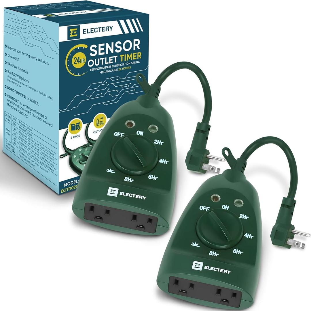 Outdoor Timer Outlet 2-Pack, Green Waterproof Dusk-to-Dawn Plug-in with Light Sensor, 24-Hour Mechanical Countdown, Heavy-Duty 15A UL Listed for Garden, Pool Pump, Holiday Lights