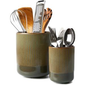 Pokini Utensil Holder, 7.3"+5.3" Ceramic Kitchen Utensil Holder for Countertop, Large Cooking Utensil Organizer, Modern Utensil Crocks Spatula Holder for Farmhouse Kitchen Counter Decor, Brown Green