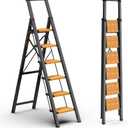6 Step Ladder for 12 Feet High Ceiling, Lightweight Aluminum Folding Step Stool with Convenient Handgrip, Stepladders with Anti-Slip and Wide Pedal for Home Use Space Saving - Black+Woodgrain