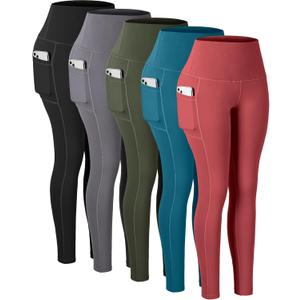 CHRLEISURE Leggings with Pockets for Women, High Waisted Tummy Control Workout Yoga Pants (X-Large, 5 Packs - Black/Grey/Peacock Blue/Raspberry Red/Army Green)