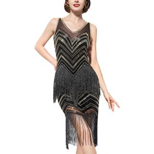 YESSA 1920s Flapper Dresses for Women,Lace V Neck Great Gatsby Dresses Fringed Roaring 20s Dresses (Small, Black Gold)