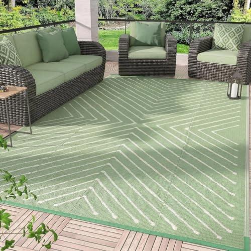 Garvee 6x9 Modern Striped Outdoor Camping Rug Waterproof Reversible, Plastic Straw Patio Mat for RV, Backyard, Balcony, UV Protected Green Outdoor Carpet, Green White
