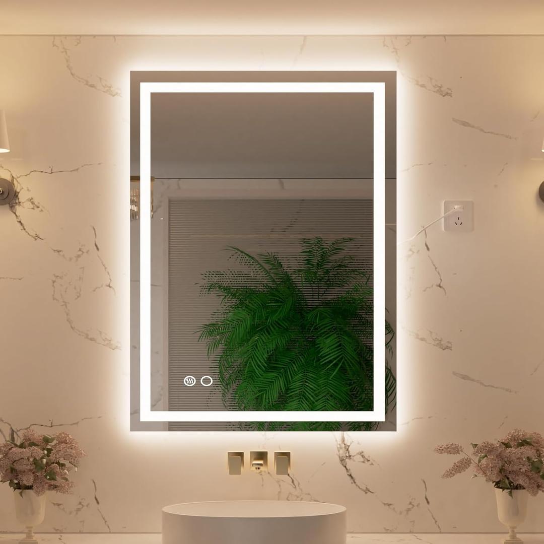 24"x36" LED Mirror for Bathroom with Front and Backlight, Lighted Bathroom Vanity Mirror for Wall with HD Tempered Glass, 3 Colors, Dimmable, Anti-Fog, Memory, Shatter-Proof, (Horizontal/Vertical)