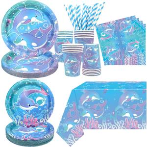 Dolphin Party Supplies, Includes Plates, Napkins, Cups, Tablecloths, for Ocean DolphinTheme Birthday Baby Shower Party Decorations