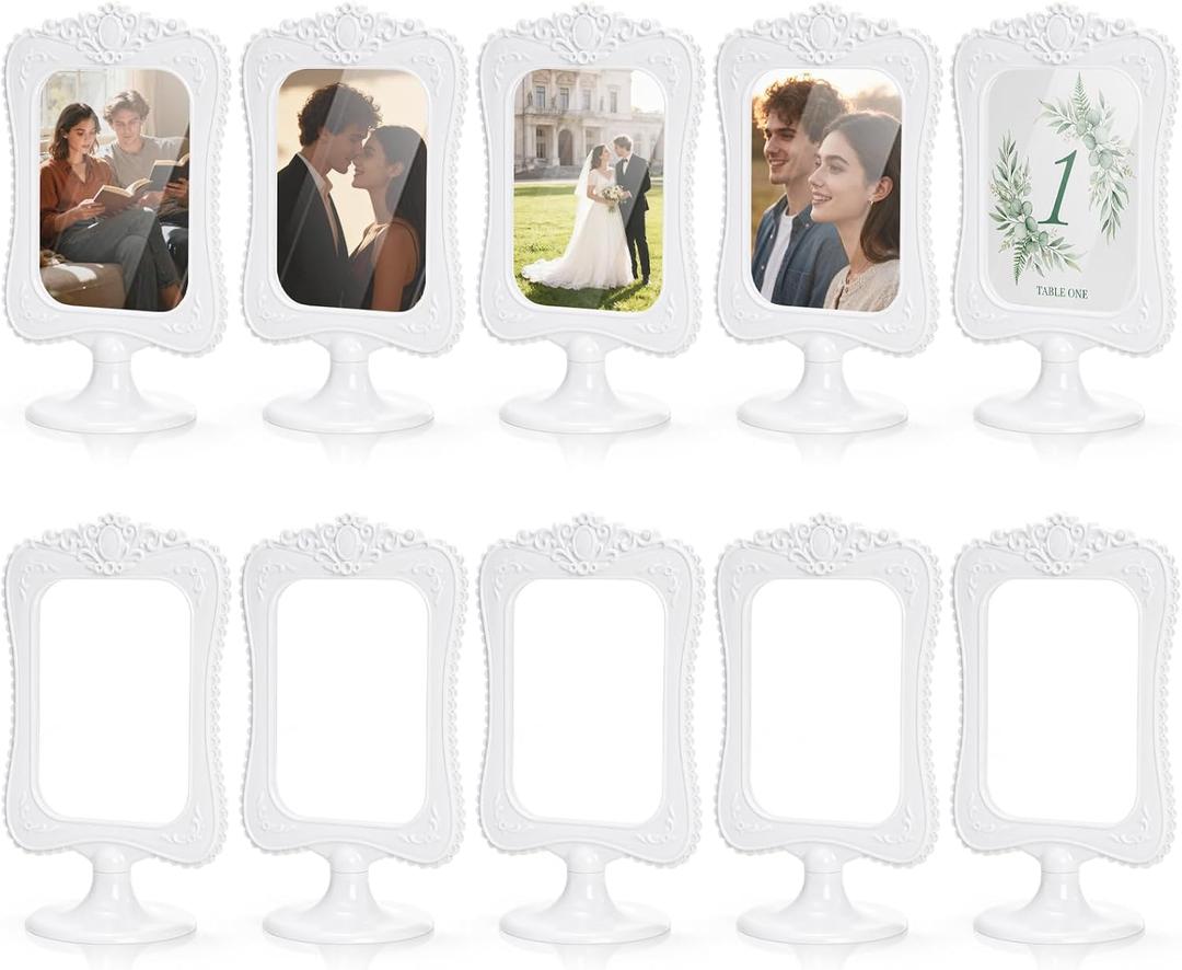 Peohud 10 Pack Double Sided Standing Picture Frames, 4 x 6 Inch White Plastic Pedestal Photo Frames with Inserts and Base for Table Top Display, Wedding, Menu, Vertical Photo Holder Bulk