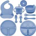 Silicone Baby Feeding Set | Baby Led Weaning Supplies Includes Suction Bowls and Divided Plates, Adjustable Bib, Baby Utensils Spoons and Forks,Cup | Baby Feeding Essentials (Deep Blue)