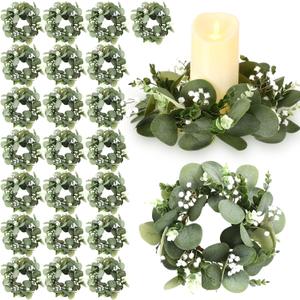 Zeyune 24 Pcs Artificial Eucalyptus Candle Rings Bulk Greenery Leaves Wreath Floral Candle Pillar Holder Garland Baby's Breath Candleholder Gift for Wedding Table Decorations Bridal Shower(Classic)