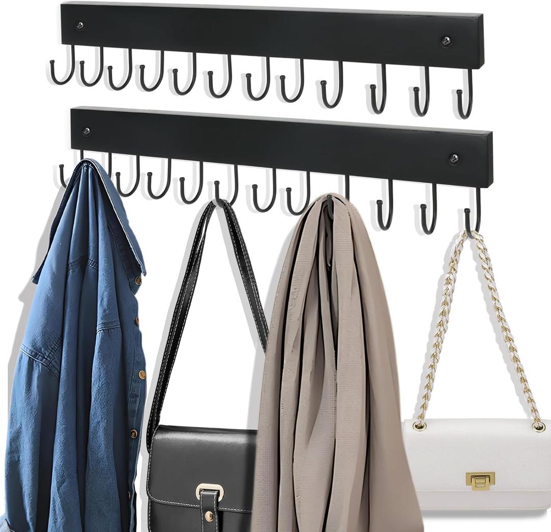 2 Pack Purse Organizer Wall Mount with 24 Rotating 180 Coat Rack, 14.6" Wooden Entryway Purse Holder, Wall Hooks for Hanging Belts, Ties, Keys, Scarf, Bras, Bag, Space Saving Hanger (Black)