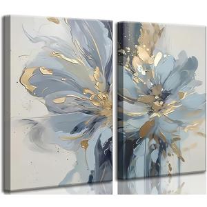 Pack of 2 Neutral Abstract Floral Canvas Wall Art Luxurious Light Blue Grey And Gold Flower Painting Pictures Wall Decor Poster Print Artwork for Living Room Bedroom Bathroom Home Decoration (16L''x12W'')
