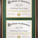 Double Diploma Frame 14x20, Display Two 8.5x11 Degree, Certificates, Documents, Tempered Glass with Acid-Free Green over Gold Mat, Dual Diploma Frame for Graduation, Mahogany with Gold Trim