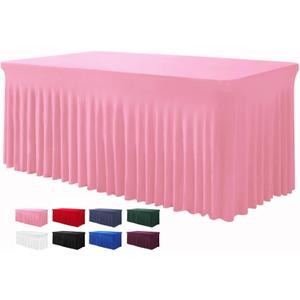 BDDC Table Skirt for 4 Foot Tables - One-Piece Pink Tablecloths and Skirt, Wrinkle Resistant Ruffles Elastic Cover for Banquets, Weddings, Events, Parties
