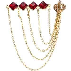 Knighthood Golden Metal Diamond Cut Red Stone Bar with Hanging Chains and Gold Crown Brooch for Men and Women