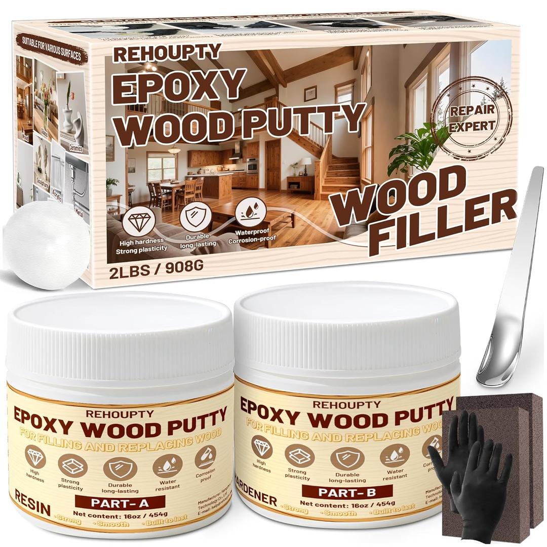 Epoxy Wood Putty Filler Kit, High Capacity Strength Wood Epoxy & Repair Kit - Stainable Paintable 32oz 2-Part Putty Filler, Woodon Filler Interior & Exterior Furniture Repair Set for Damages (White)