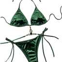Women's Satin 2 Piece Rhinestone Bathing Suit High Waisted Swimsuit Bikini Set (Large, Green)