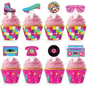 4 x 48 Pack Retro Cupcake Toppers and Wrappers, Retro Neon Party Cake Decoration for 80s 90s Theme Birthday Party Baby Shower Supplies