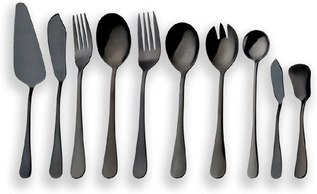 Berglander Stainless Steel Black Serving Flatware Set, Sliverware Set, Cake Server, Fish Knife, Fish Fork, Serving Salad Spoon, Salad Fork, Butter Knife, Icecream Mix Spoon