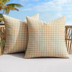 MIULEE Outdoor Texture Throw Pillow Covers Waterproof Pack of 2 Spring Decorative Woven Farmhouse Cushion Covers for Patio Garden Balcony Porch Tent Bench Sofa, 18x18 Inch Orange Green