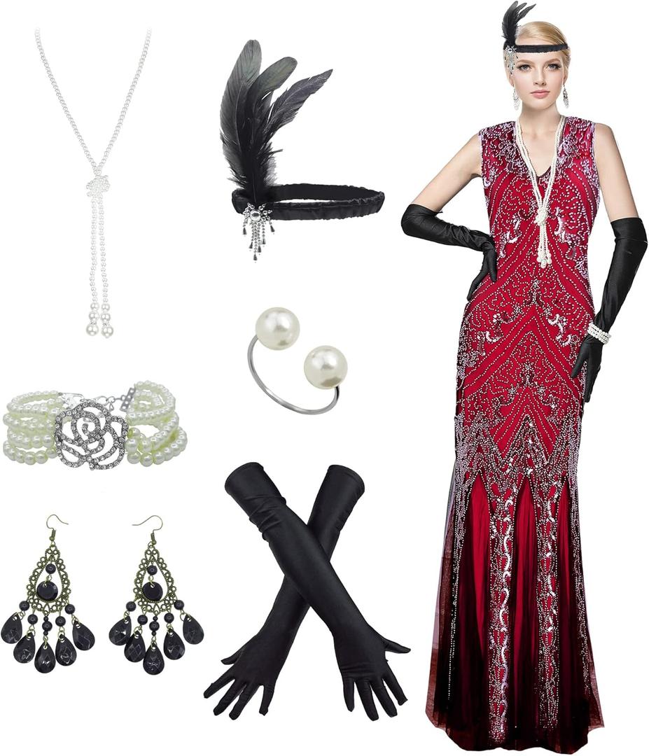 Women 's 1920s Sequin Gatsby Maxi Long Evening Prom Mermaid Hem Dress with 20s Costume Accessories (XX-Large)