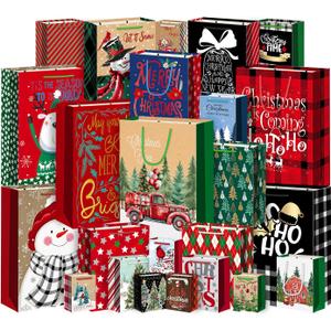 WLUSEAXI 24Pack Assorted Sizes Bags with Handle - 6 Jumbo, 6 Large, 6 Medium, 6 Small Bags for Christmas Presents, Kids, Xmas Party Favors (Red/Brown)