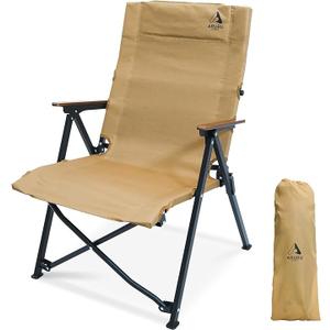 Outdoor Portable Folding Camping Chair, Wooden Armrests, Adjustable High Back (Khaki)