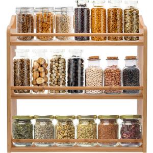 FoverOne 3 Tier Bamboo Spice Rack, Seasoning Jars Rack Shelf Spice Organizer for Kitchen Counter or Wall Mounting