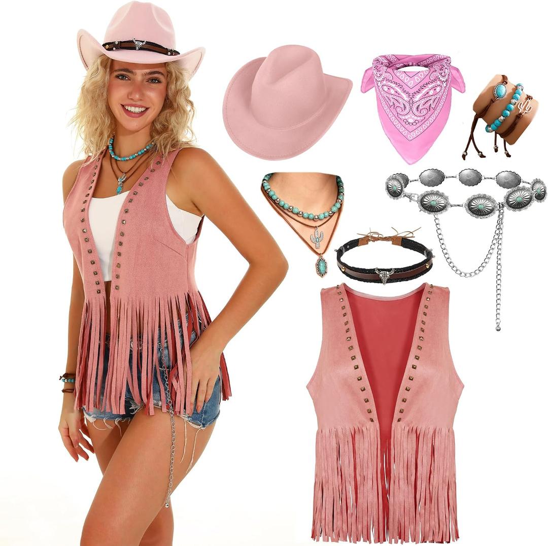 Womens Western Cowgirl Costume Cowboy Outfits Tassels Fringe Vest Hat 7pcs Set, Size: Small