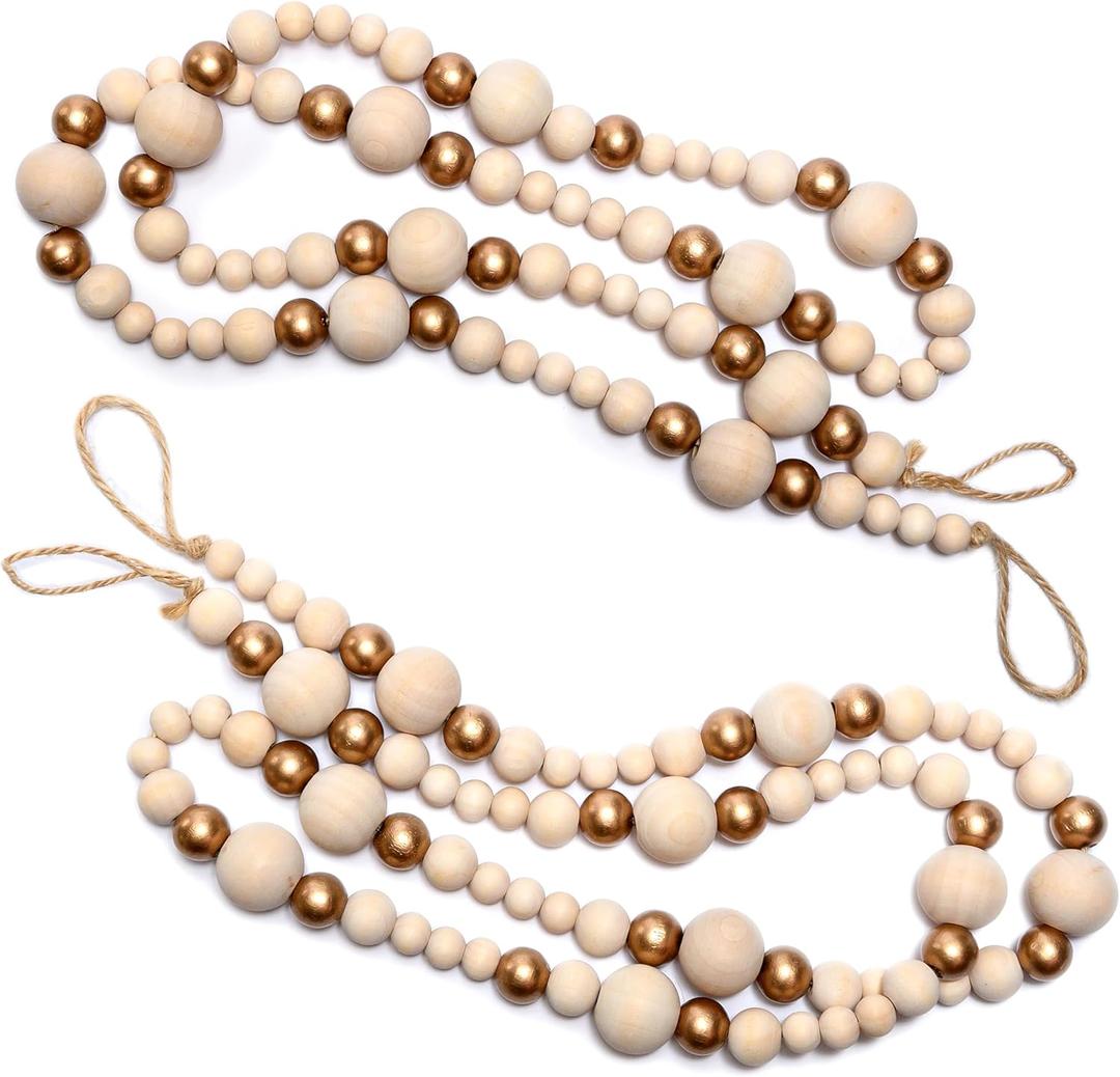 Christmas Tree Wood Bead Garland 2pk 4 Feet Each (8 Feet Total), Wood Tree Garland for Tree, Wooden Beads