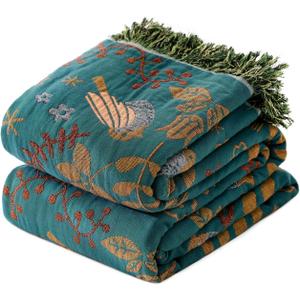 LUTBM Queen Throw Blanket for Bed 100% Cotton Boho Soft Quilt Birds and Floral Double Embroidery Summer Breathable Bed Blanket,90"x90" Lightweight All Season Blankets for Bedding Couch Home Decor