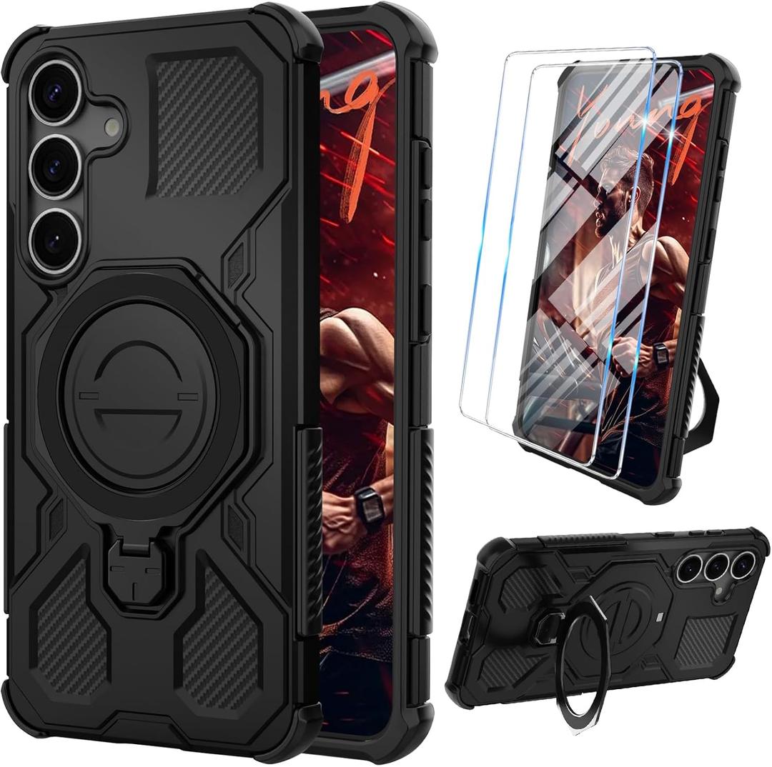 Vaki for Samsung Galaxy S25 Case with Tempered Glass Screen Protector, Heavy Duty Military Grade Shockproof Protective Cover 360 Ring Magnetic Kickstand Armor Cell Phone Case for Samsung S25 (Black)