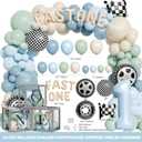 Fast One Birthday Decorations, 146 Pcs Race Car 1st Birthday Party Supplies includes Backdrop, Balloon Garland, Photo Banner, Foil Balloons, Tablecloth, Boxes, Poster, Flag, Crown for Boys