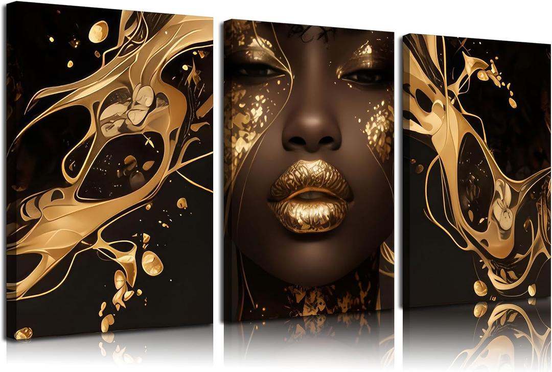 3 Pcs Black Gold Woman Canvas Wall Art African American Black Girl Wall Decor Pictures Abstract Black Gold Female Poster Print Artwork for Living Room Bedroom Scene Home Decoration Prepare To Hang
