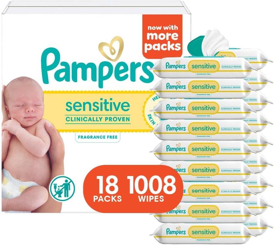 Pampers Sensitive Baby Wipes, Water Based, Clinically Proven, Hypoallergenic, and Unscented for Babies, 1008 Wipes Total (18 Flip-Top Packs)
