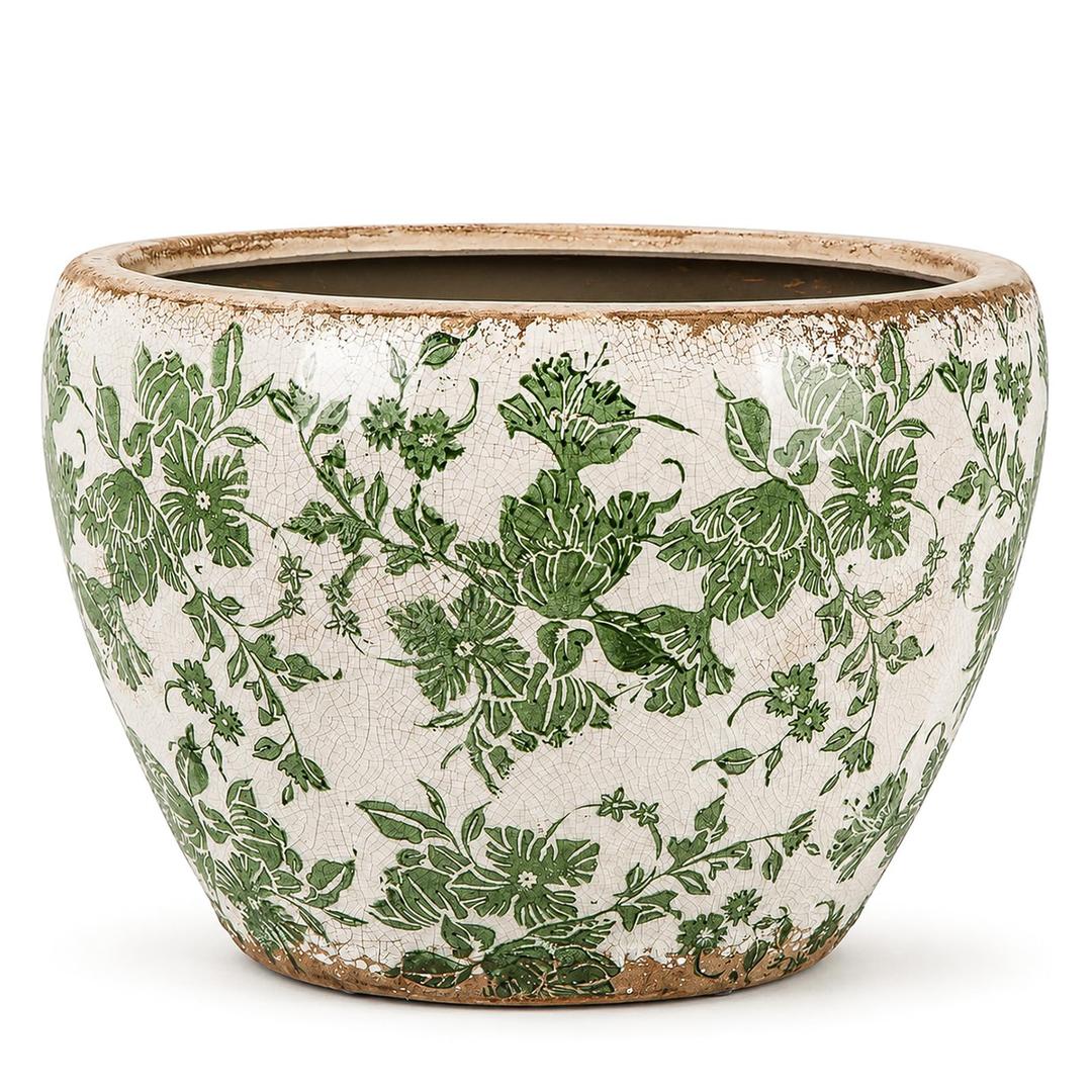 Geetery 10" Large Vintage Ceramic Pots Beige Green Farmhouse Planters Decorative Plant Pot Wide Mouth with Drainage Hole for Indoor Outdoor Orchid Houseplant Home Office Shelf Table Decor Gift
