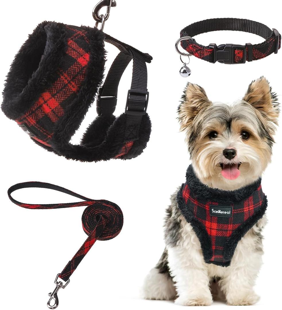SCENEREAL Small Dog Harness Collar and Leash Set, Warm Fleece No Pull Puppy Vest Harness, Christmas Dog Outfit No Chock Adjustible Step in Pet Halter for Outdoor Walking Training, Red Plaid XS (XS: Chest Girth: 10"-14")
