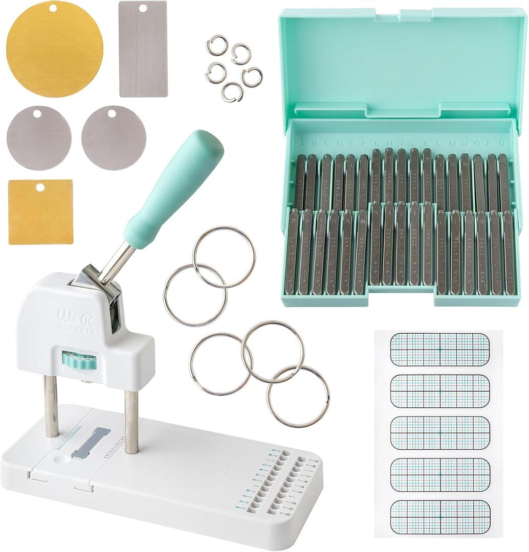 We R Makers, Jewelry Press Kit Machine, Includes 1 Jewelry Press, 34 Piece Metal Stamping Kit, and Alignment Stickers, The Perfect Jewelry Kit for Adults to Make Rings, Necklaces and Magnets