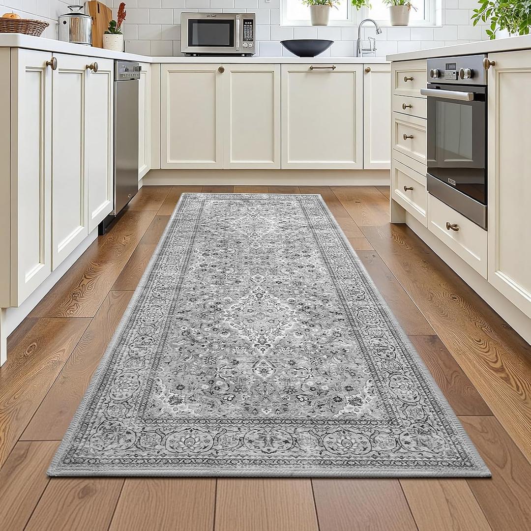 Grey Washable Vintage Runner Rug, 2x6 Boho Bedroom Area Rugs, Soft Non Slip Floral Entryway Carpet Runners, Indoor Low Pile Carpets for Kitchen Hallway Bedside
