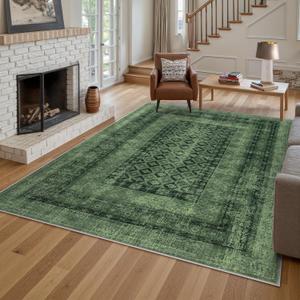Lahome Vintage Washable Rugs 5x7, Soft 5x7 Area Rugs for Living Room Ultra-Thin Bedroom Rug Non Slip, Stain Resistant Distressed Green Rug Carpet for Dining Room Office(5'x 7',Green)