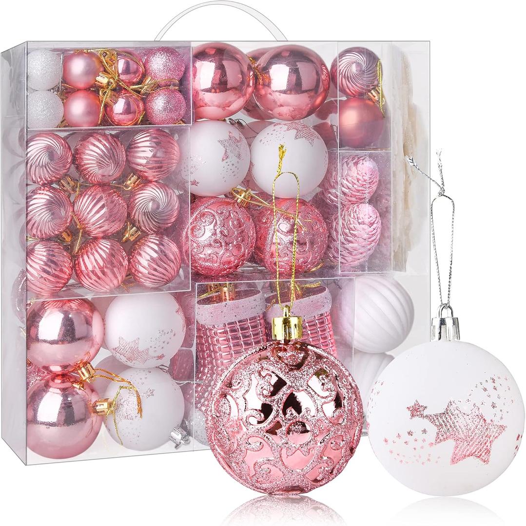 114ct Christmas Balls Ornaments for Xmas Tree - Shatterproof Small Christmas Tree Decorations Rose Gold Pink & White Balls Ornament Bulk, 1.18-4.7 Inches (Pink)