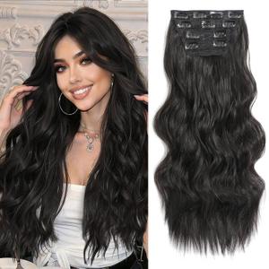 Clip in Hair Extensions 4PCS 200g/5oz Long Wavy Curly Balayage Hair Extensions Clip Ins for Women Thick Double Weft 22 Inch Hairpieces (Black Brown)