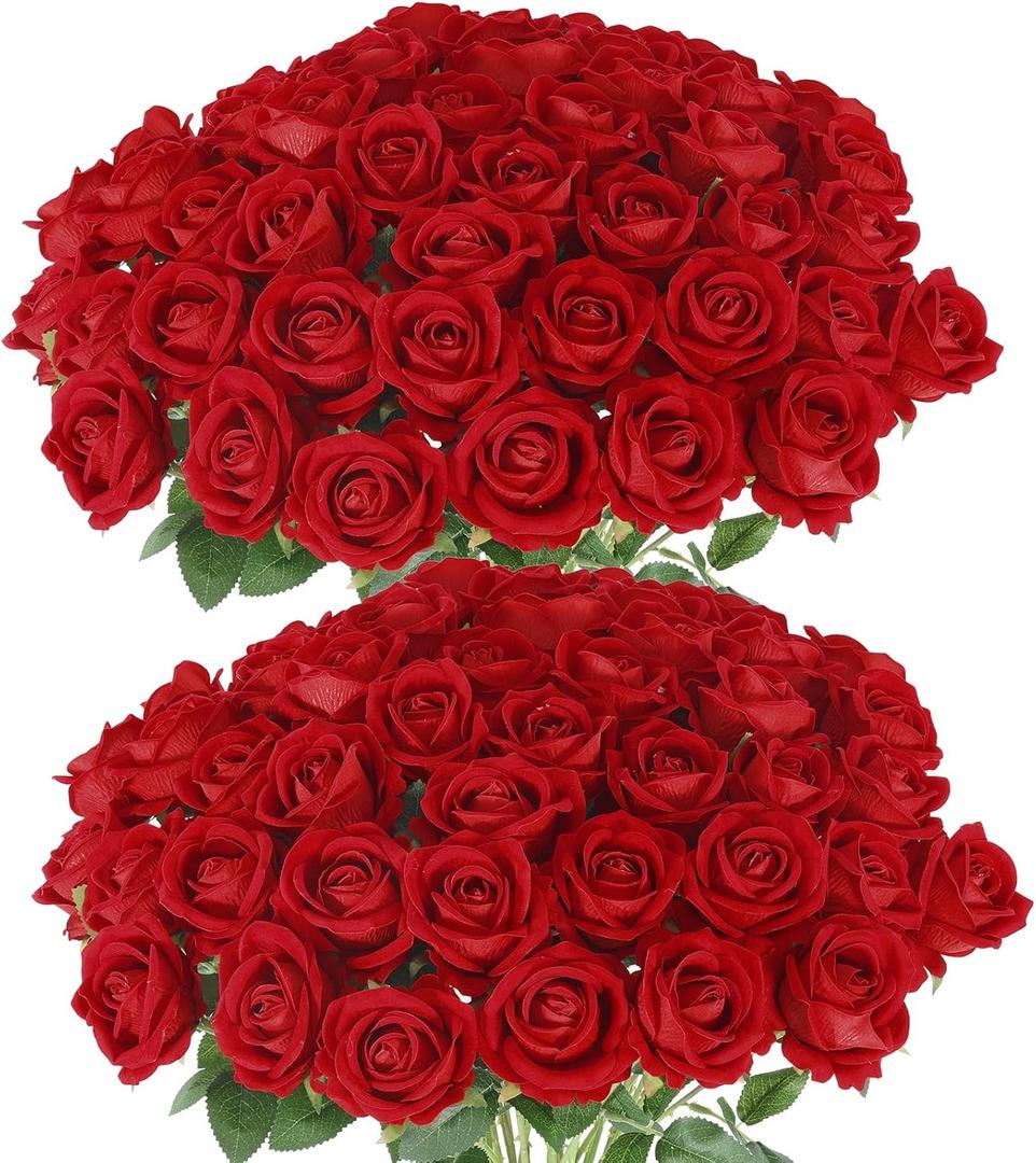 Hananona 50 Pcs Artificial Roses in Bulk, Fake Silk Red Roses Realistic Roses for Wedding Centerpieces Flower Arrangement Home Decor (50, Red)
