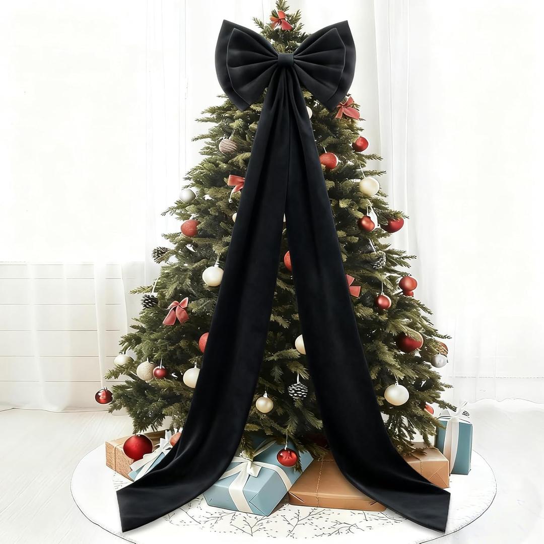 Big Black Bow, Giant Bow Decor Christmas Tree Topper Decoration- 75 x 18 Inch Giant Black Ribbon Tie Bows Decor for Birthday Party Wedding Bridal Shower Halloween Backdrop Wall Decoration