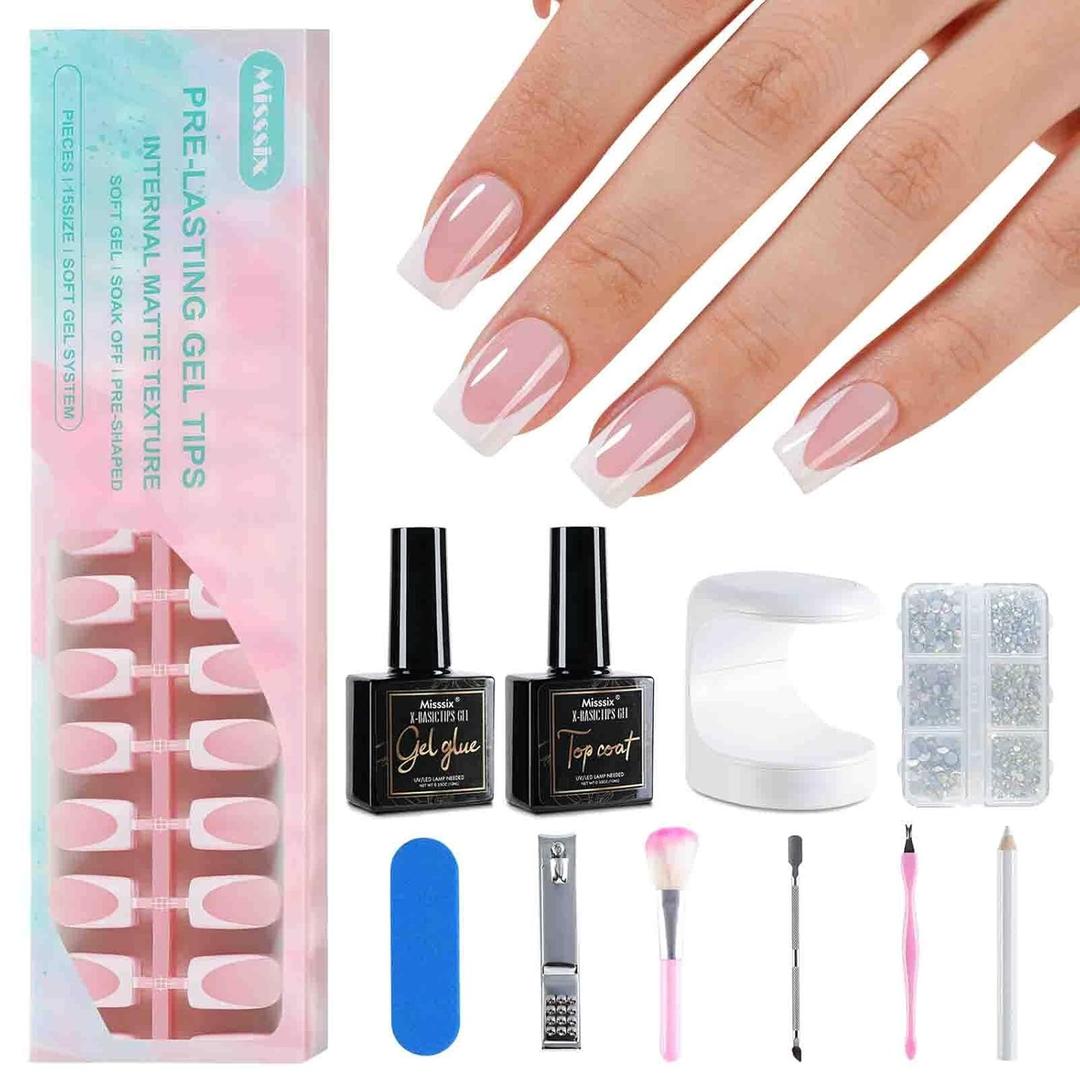 Misssix Deep French Tip Press On Nails, 160Pcs French Gel Nail Tips Short Square, Pink White Soft Gel Fake Nails, X-BASIC Tips Starter Kit for Nail Art DIY 16 Sizes